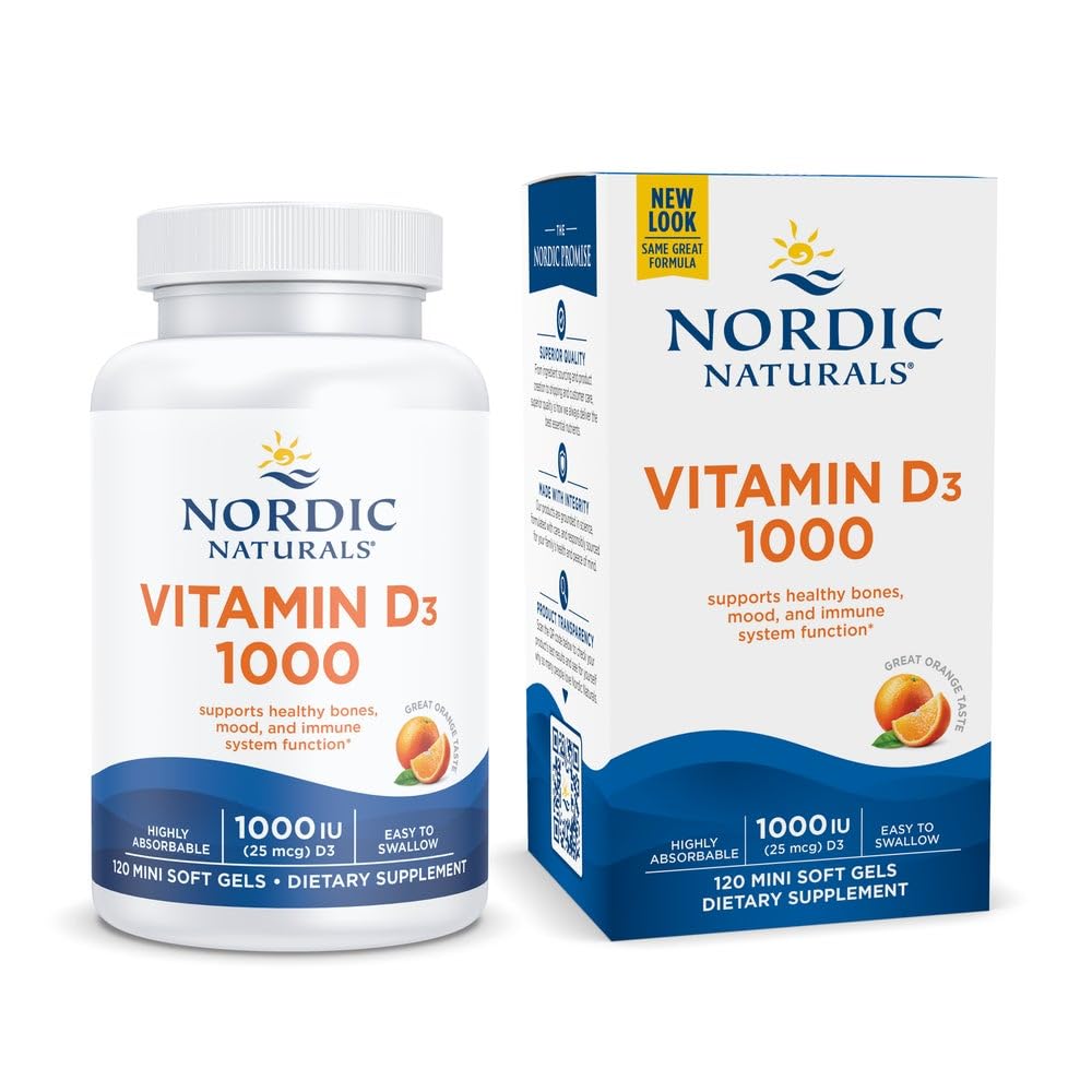 Naturales nórdicos Vitamina D3 1000, Naranja - 120 Mini geles suaves - 1000 UI Vitamina D3 - Soportes Huesos saludables, Mood &amp; Immune Función del sistema - No GMO - 120 Servimientos