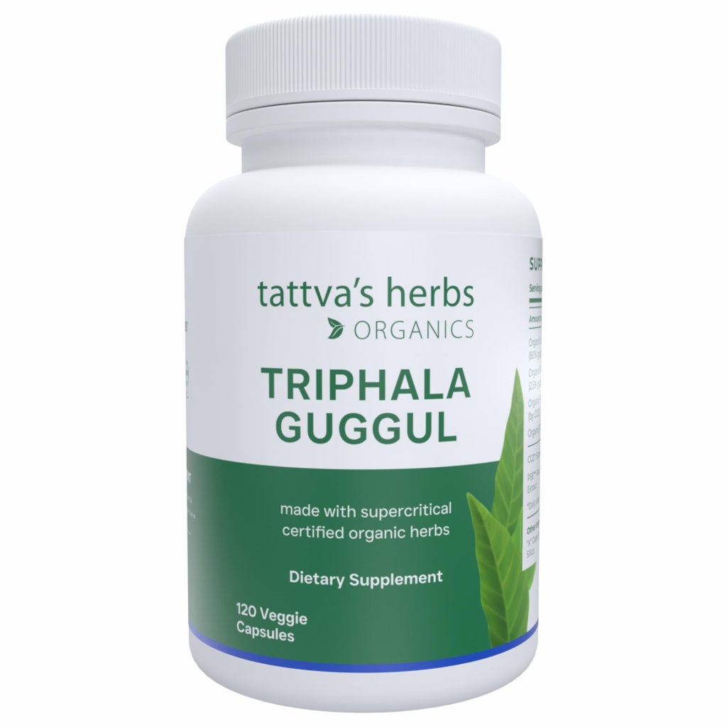 Tattva's Herbs Triphala Guggul Herbal Suplemento, Ayurveda Herbal Suplementos, Digestive Health and Support, Organic Triphala Capsules, 120 Conde, 25 Años de Servicio Premium