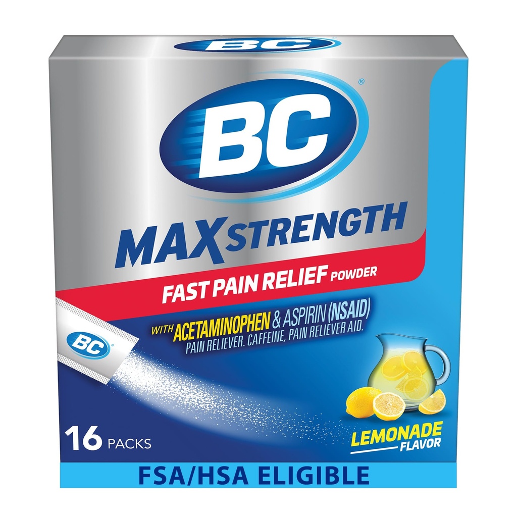 BC MAX Strength Fast Pain Relief Powder, Lemonade Flavor Aspirin 500mg y Acetaminophen 500mg Dissolve Packs, 16 Conde
