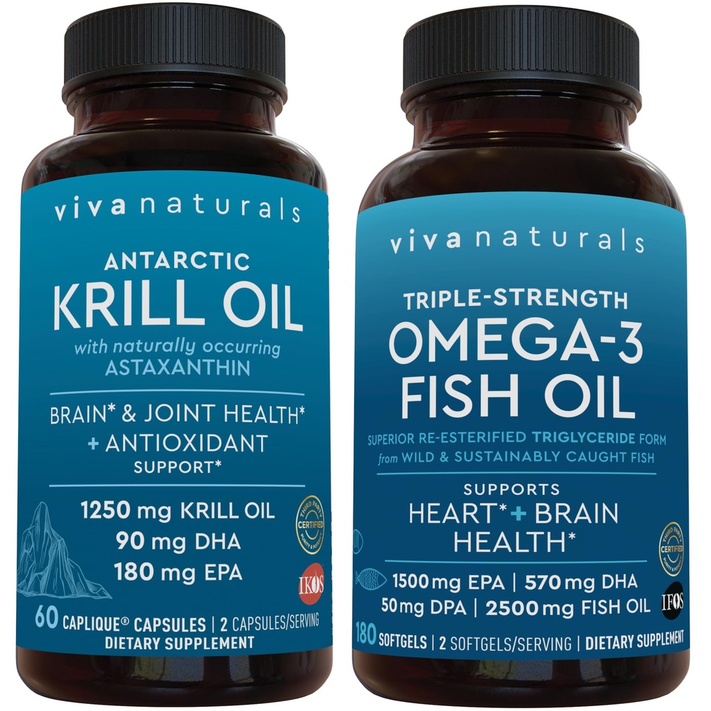 Aceite de Krill Antártico y Triple Fuerza Omega 3 Aceite de Pez Bundle, 1250 mg Aceite de Krill " 2.200 mg Aceite de Pez por Serving Proporcionando Omega 3 EPA y DHA