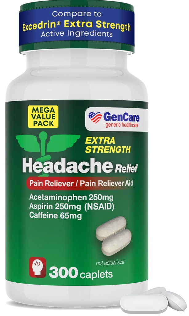 GenCare - Headache Relief Acetaminophen with Aspirin (NSAID) " Caffeine (300 caplets) Value Pack ¦ Pain Head, Muscle Aches, Back Pain " Body  durable Generic ExcedrEn Extra Strength