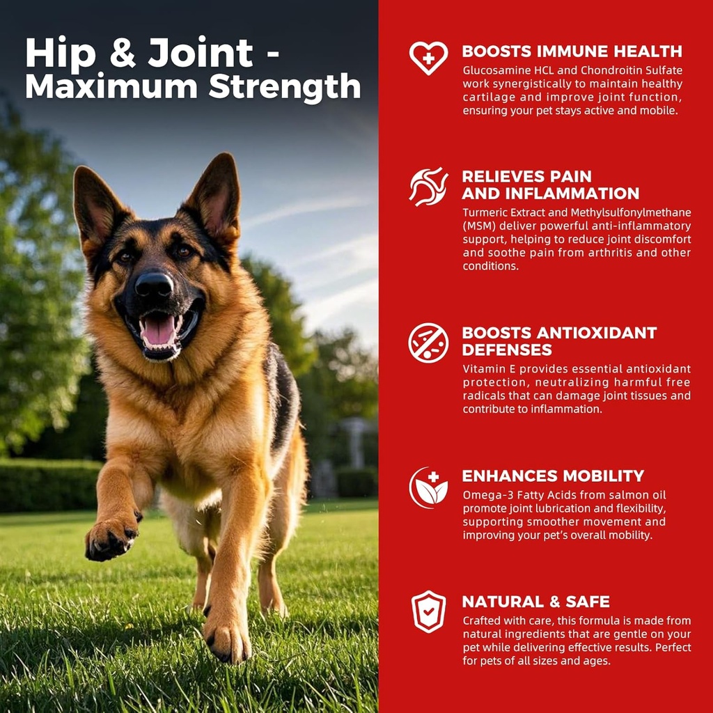 Hip y suplemento conjunto de perros - Alivio de dolor de perro Anti Inflamatorio con Glucosamina, Condroitina, MSM, Turmérica, Vitamina E, Omega 3 - Treats Hip Dysplasia, artritis - All Large Small Medium Breed