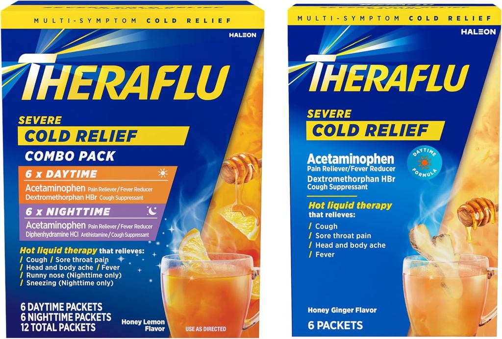 Theraflu Severe Cold Relief Hot Liquid Powder Combo: 12ct Daytime/Nighttime Honey Lemon Flavor + 6ct Día de miel de jengibre sabor