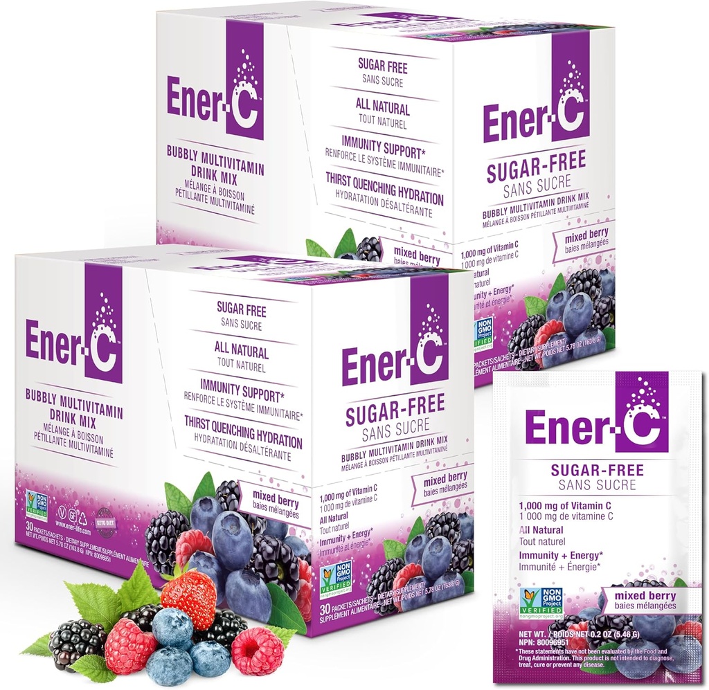 Ener-C Sugar Free Multivitamin Drink Mix - Vitamin Powder for Water, Electrolytes Powder No Sugar, Hydration Boost Packets, Zero Sugar, Vitamina C &amp; B12 Suplemento Liquid Mix - Mixed Berry, 60 Cuenta
