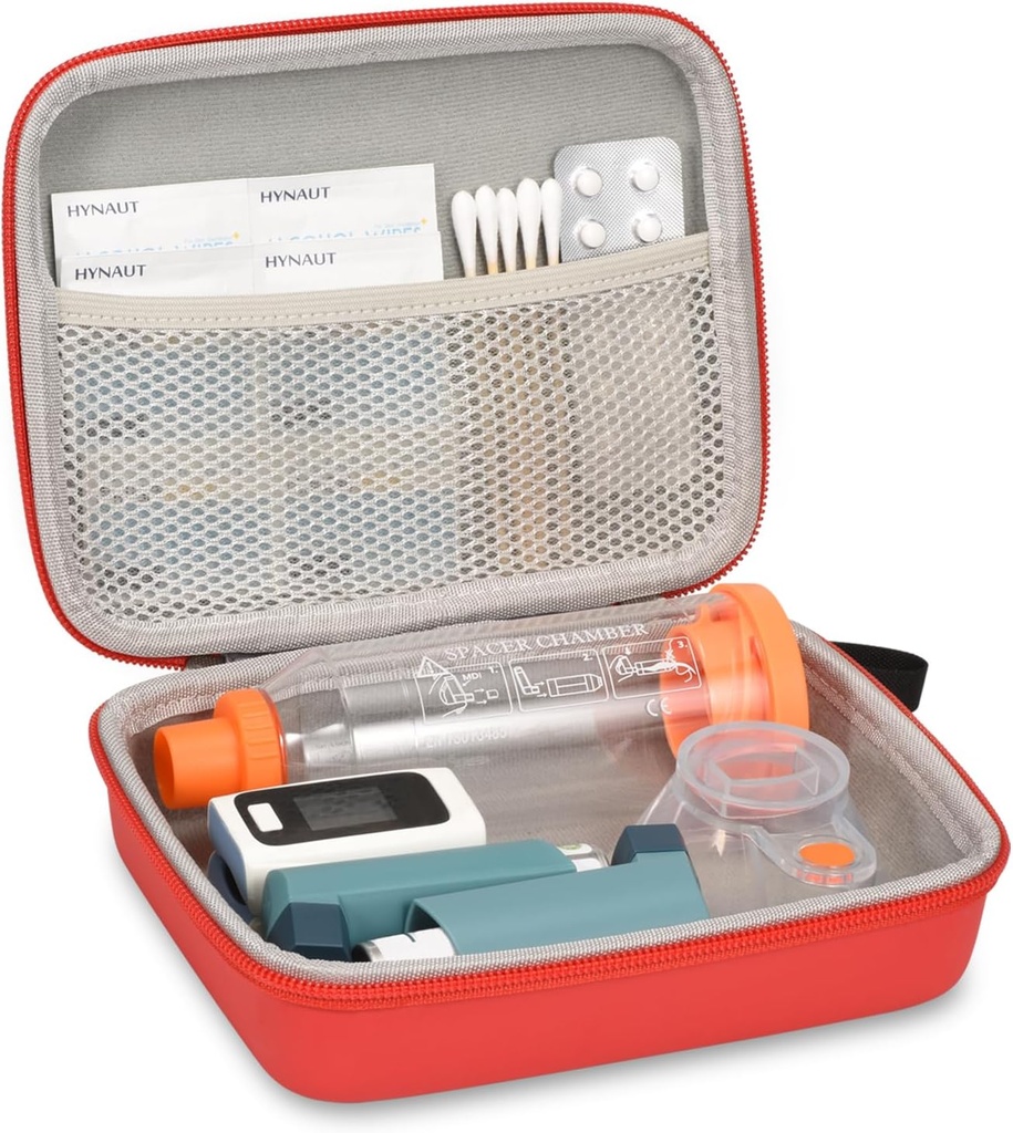 Caso de viaje duro para inhalador de asma y accesorios, con bolsillo de malla para la medicina, rojo