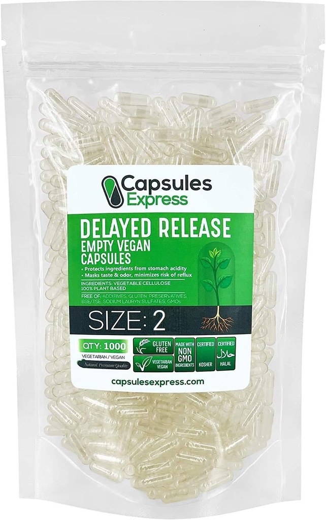 XPRS Nutra Delayed Release Size 2 Empty Capsules - 1000 Count Clear Empty Vegan Capsules - Vegetarian Pills - DIY Vegetable Capsule Filling - Fillable Veggie Gel Caps for Do-It-youself Supplements