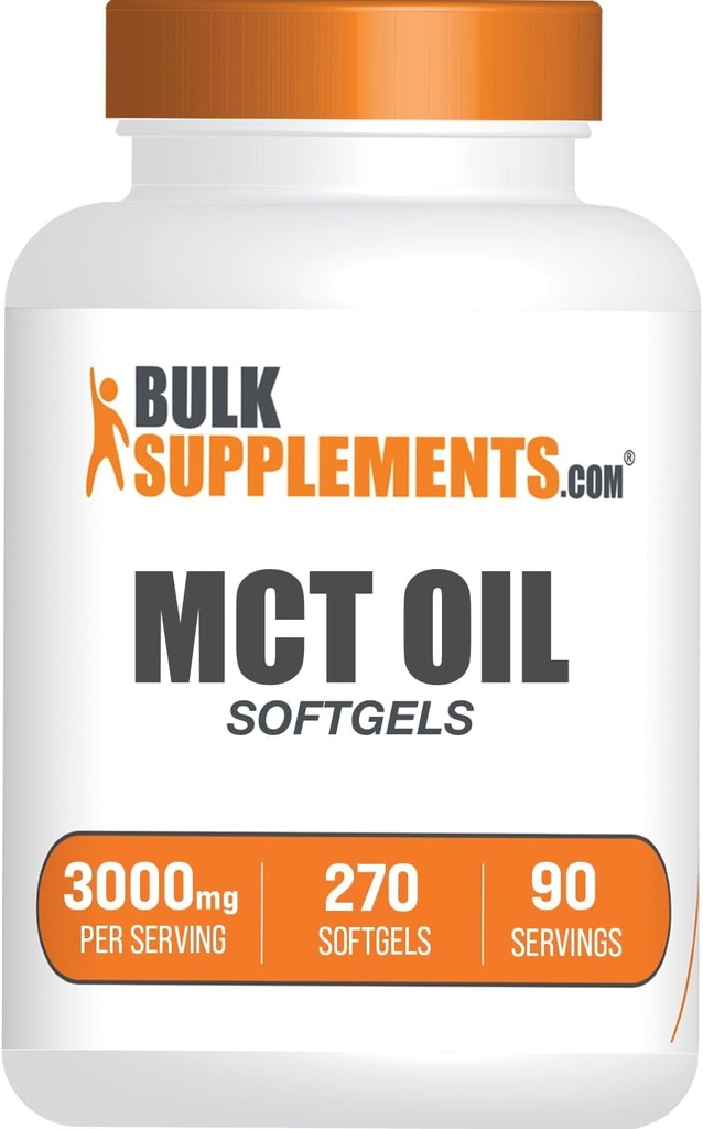 BulkSupplements.com MCT Oil Softgels - Triglicéride de Cadena Media, Suplemento MCT, MCT Oil 3000mg - for Energy Support, Gluten Free, 3 Softgels por Serving, 270 Conde (Pack of 1)