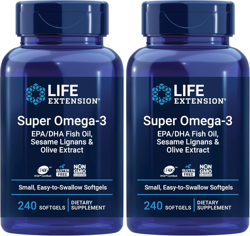 Extensión de vida Super Omega-3 EPA/DHA Fish Oil, Sesame Lignans & Olive Extract - Omega 3 Suplemento - para la salud del corazón y el apoyo cerebral - Gluten Free, Non-GMO - 240 Easy-to-Swallow Softgels