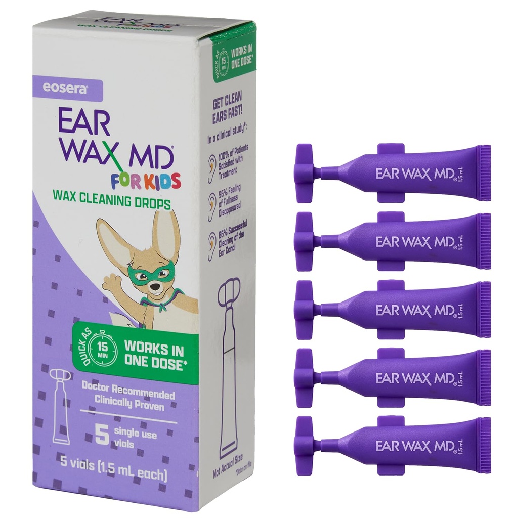 eosera® Ear Wax MD® for Kids - Ear Wax Cleaning Drops, 5pk Vials TEN Fast-Acting ¦ Breaks Down " Dissolves Ear Wax in as Little as 1 Treatment confidencialidad Provención clínicamente " Safe I for Kids Age 2+