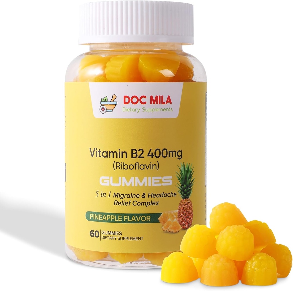 Vitamina B2 Gummies para Adultos y Niños - Riboflavin Plus CoQ10 y Vitamina C - Suplemento de Alivio Migraña (400 mg, Piña)