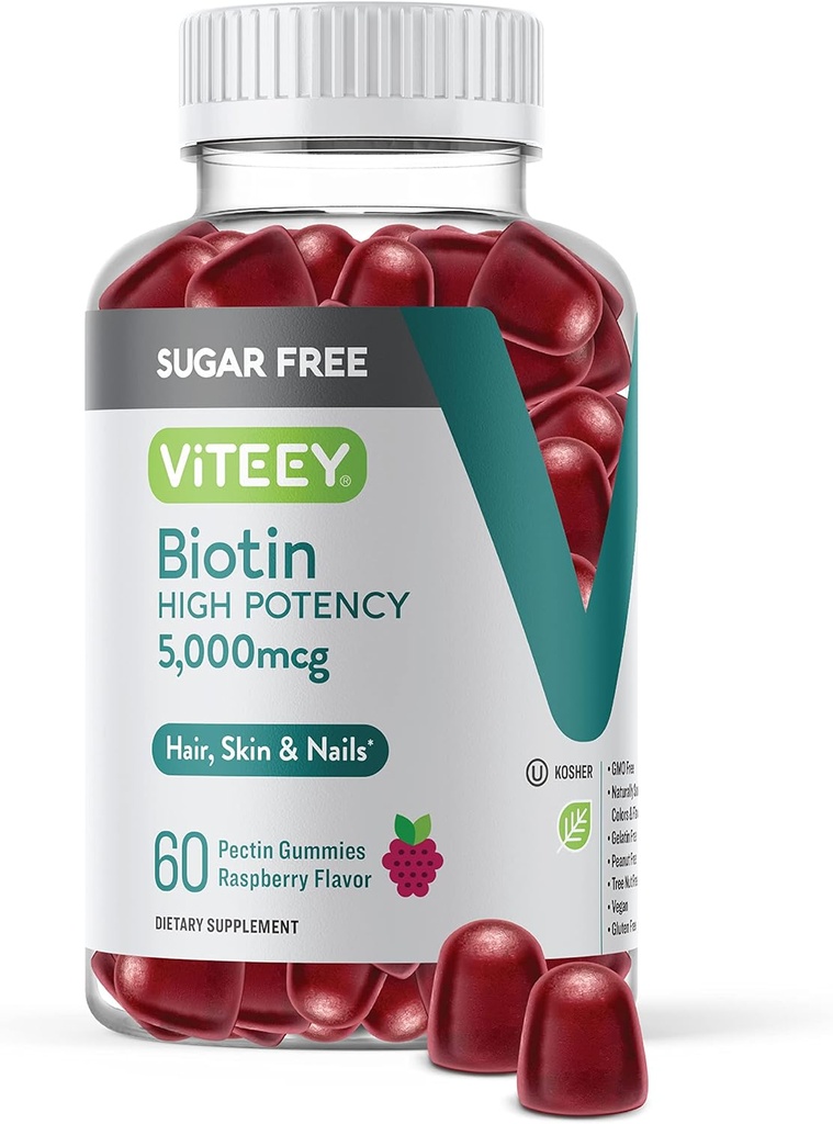 VITEEY Biotin Gummies for Hair, Skin, and Nails 5,000mcg - Sugar Free - Peluqueros de crecimiento, Esquí saludable Glow, fuerte crecimiento de uñas saludables - Vegan, Gluten Free, Gelatin Free- Chewable Raspberry Flavor