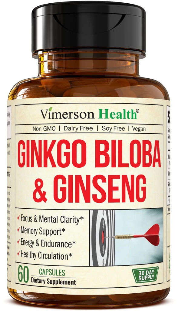 Ginseng asiático y Ginkgo Biloba Suplementos – Panax Ginseng Extracto 700mg + Ginko Biloba 720mg – Suplemento Nootropic Brain para la memoria, Focus " Sustained Energy – 60 cápsulas fáciles de cambiar