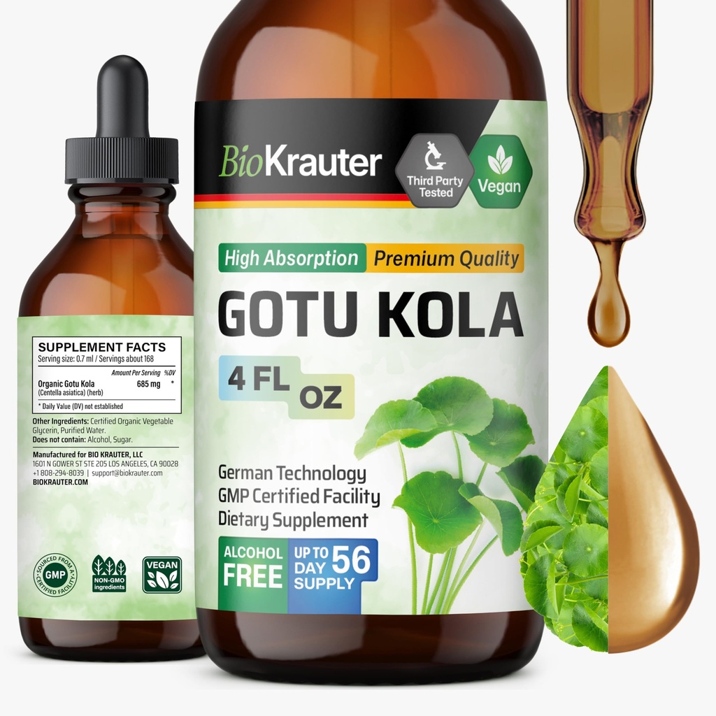 BIO KRAUTER Gotu Kola Tincture - Centella Asiatica Extract - Alcohol y azúcar Gotu Kola Extract gratis - Vegan Drops 4 Fl.Oz.