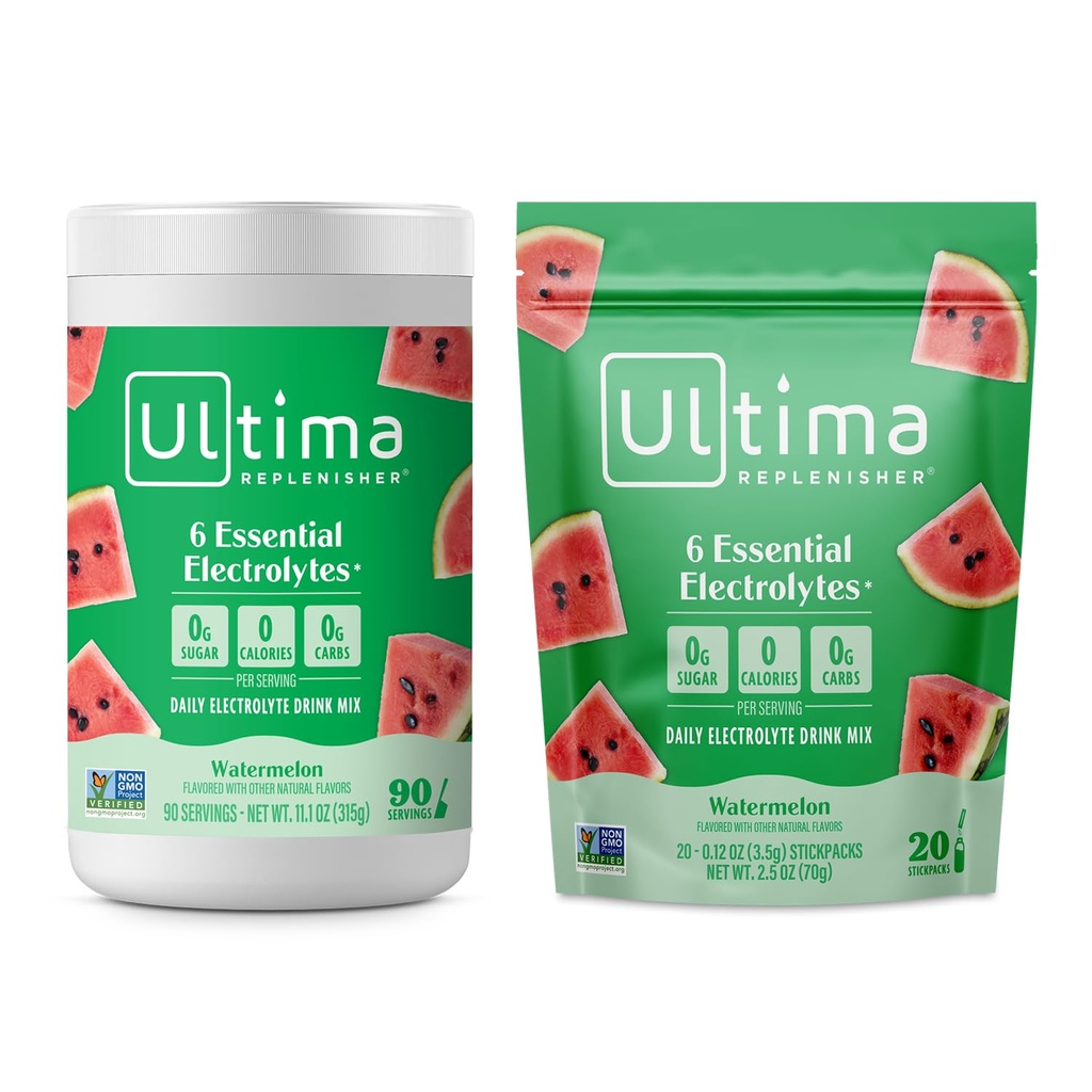 Ultima Replenisher Electrolyte Powder Drink Mix Bundle – Sugar Free – Watermelon, 90 Serving Canister y 20 Stickpacks – 6 Electrolytes and Minerals – Keto Friendly, Vegan, Non-GMO