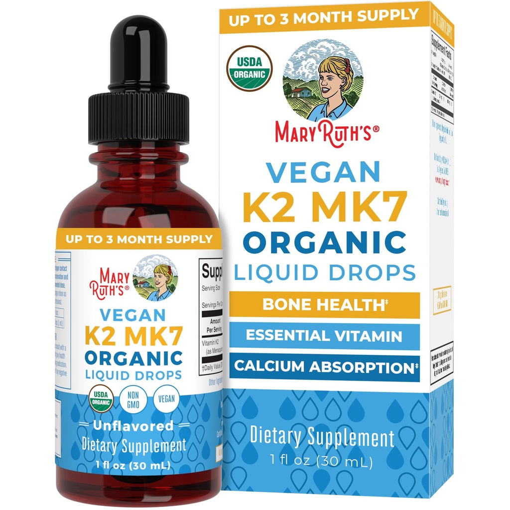 MaryRuth Organics USDA Organic Vitamin K2 MCT Liquid Drops for Adults &amp; Kids TEN 100 mcg K2 MK7 per serving + Organic MCT Oil TEN Vegan K2 Vitamin for Bone Health ← Heart Health TEN Calcium Absorption Silencio 1oz