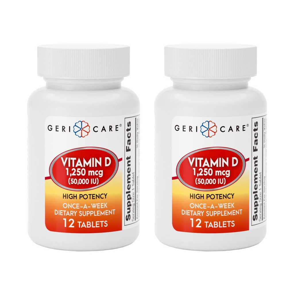 GeriCare Vitamina D 1.250mcg (50.000 UI) High Potency, Supports Bone Density, Muscle Health, Immune Function, and Calcium Absorption, Once-A-Week Dietary Supplement, 12 Count (Pack of 2)