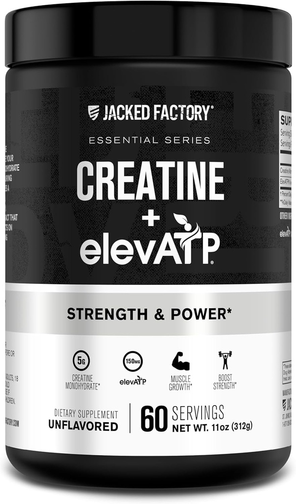 Creatina de la fábrica de Jacked + ElevATP - Polvo de Monohidratos de Creatina para el Crecimiento del Musculo, Aumento de la Fuerza, Mejora de la Energía, con ElevATP para la Energía Sostenida y Resistencia - 60 Servimientos, Sinflavoured