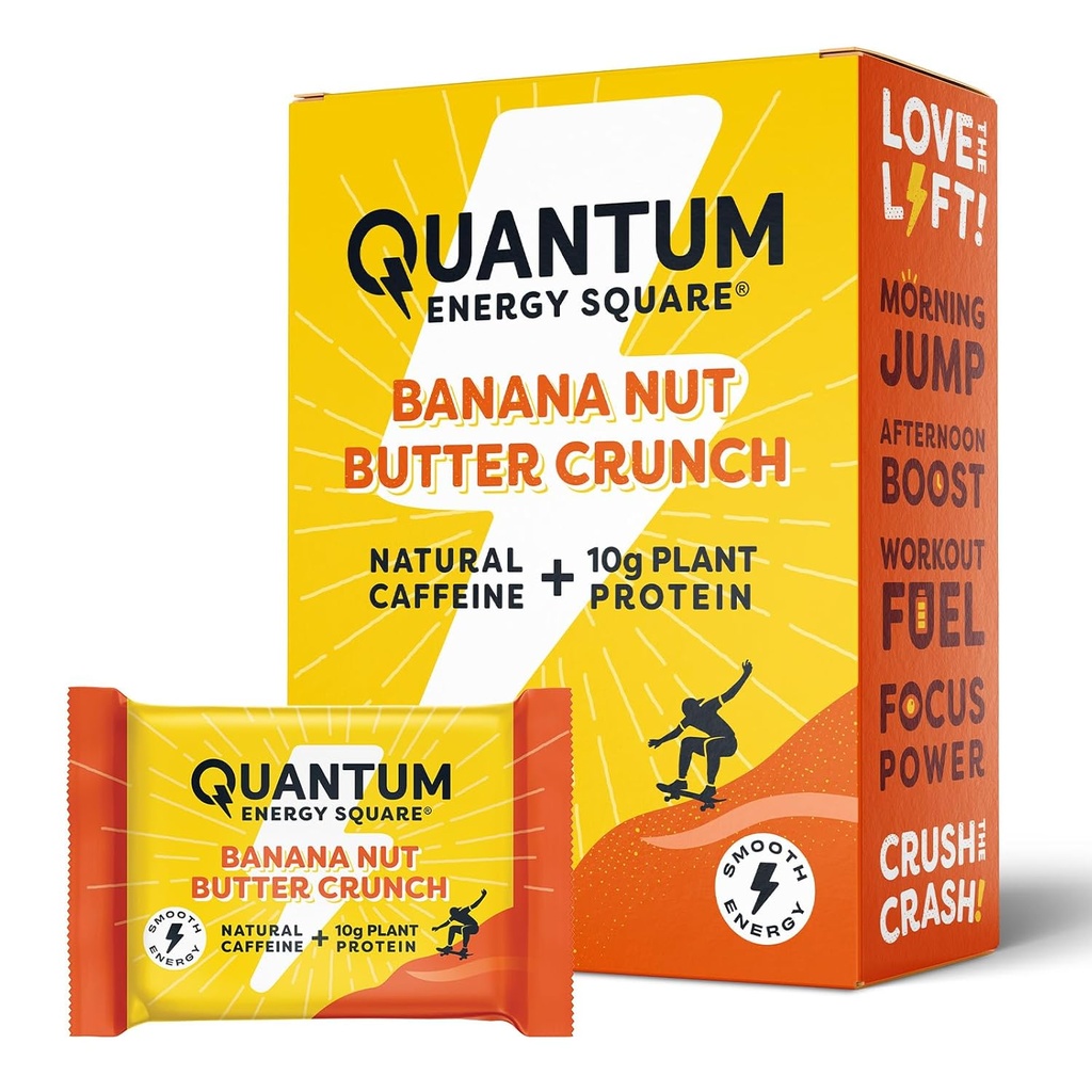 Quantum Energy Square: Energy Bar con Caffeine & 10g Protein. Delicious Healthy Snack On The Go. (Vegan, sin gluten, libre de soja, sin lácteos) - Banana Nut Butter Crunch 8Pk