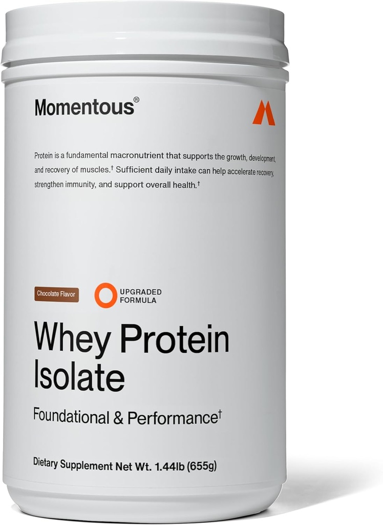 Momentous Essential Grass-Fed Whey Protein Powder - 20 g Whey Isolate Protein - NSF Certified for Sport - Gluten-Free - 24 Servings for Everyday Use - Chocolate - Paquete Mayo Vary