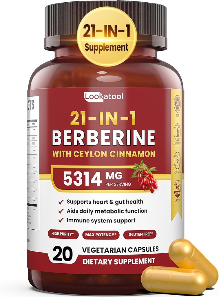 Suplemento de bereberina 21-in-1 con canela de Ceillón - 1500mg Fitooma de bereberina orgánica HCL, 5X Absorción superior para metabolismo Apoyo 20 cápsulas