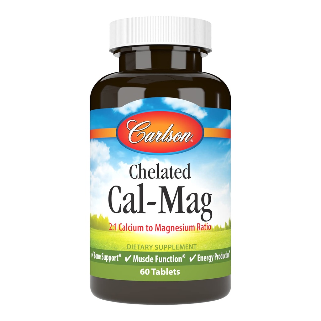 Carlson - Chelated Cal-Mag, 2:1 Calcio a Magnesium Ratio, Bone Support, Muscle Function & Energy Production, 60 Tablets