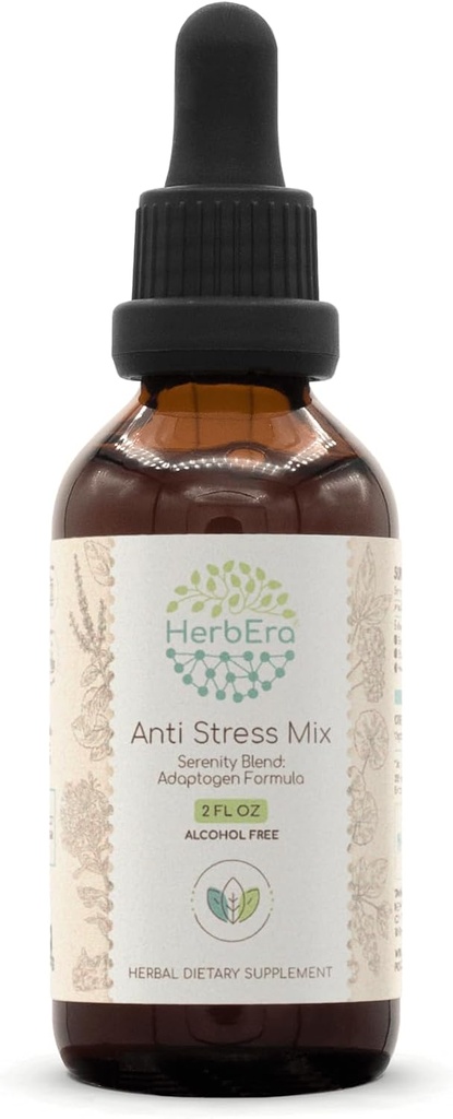 Anti Stress Mix B60 Alcohol-Free Extract Tincture, Eleuthero Root, Rhodiola Root, Schisandra Berry, Gotu Kola Herb, Holy Basil Herb. Serenity Blend: Adaptogen Formula 2 Fl Oz