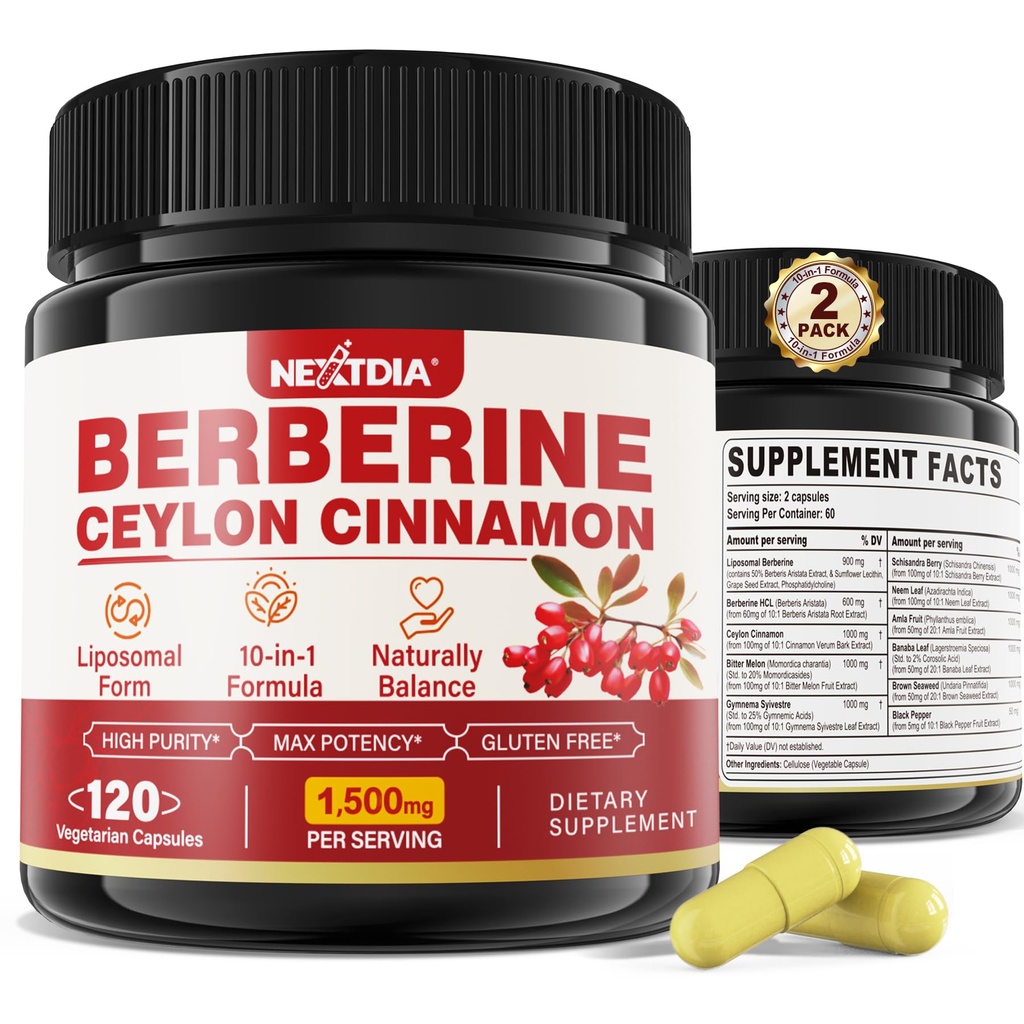2 Pack 1500mg Liposomal Berberine HCL con Ceylán Cinnamon Bitter Melon, Organic Berberine Complex Supplements with Banana Leaf, Supports Immune & Digestion - Vegan 240 Capsules