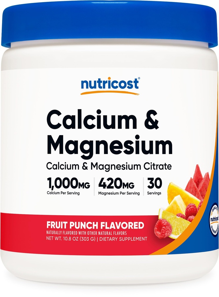 Nutricost Calcium Magnesium Powder (Fruit Punch, 30 Servings) - Bone Support, Non-GMO, Gluten Free (de Calcium Citrate y Magnesium Citrate)