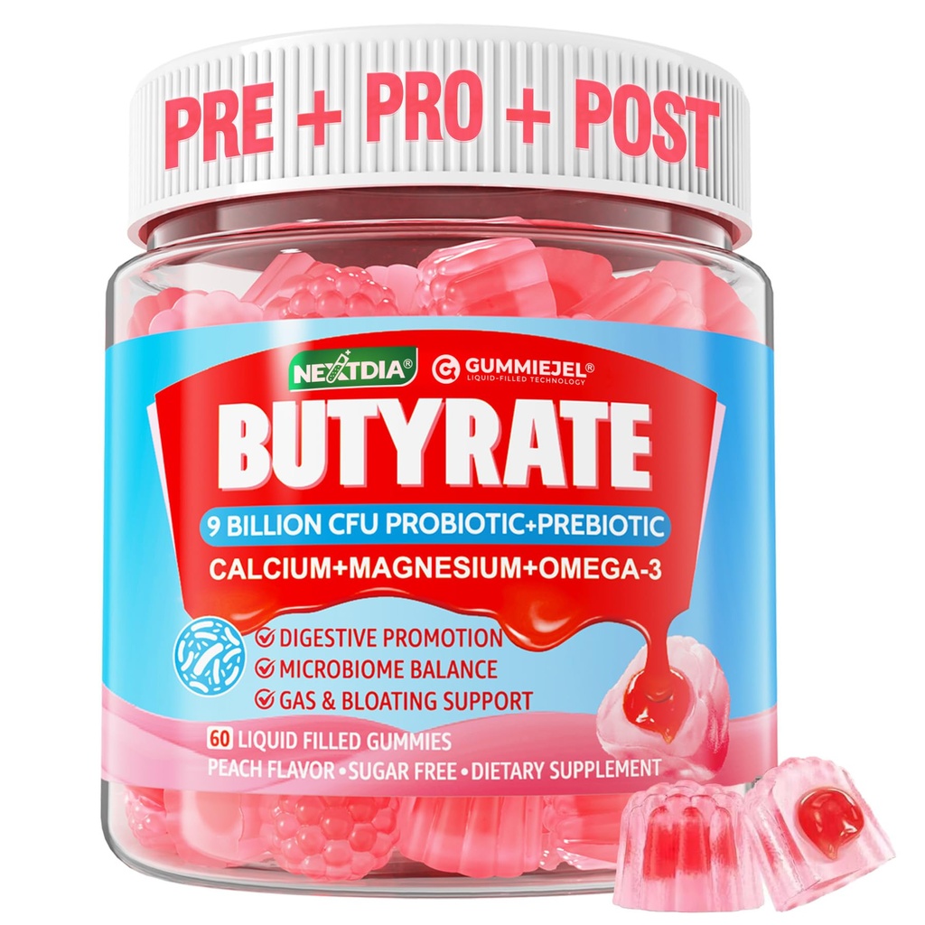 Butyrate Gummies with Probiotic + Prebiotic + Postbiotic, Omega-3 500mg,Fiber with 9 Billion CFU Probiotics, Calcium &amp; Magnesium, Inulin,Psyllium Husk for Digestive Health,Bloating Support,Sugar Free