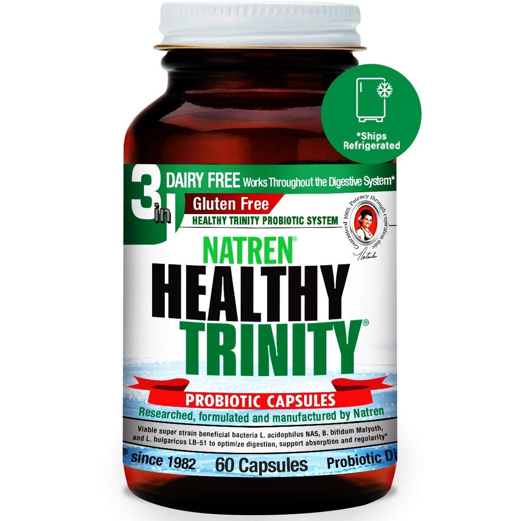 Natren Healthy Trinity Probiotics Supplement - 60 Dairy and Gluten Free Gel Capsules - Mejorar el Gut y la Salud Digestiva, - 30 Billones CFU - Lactobacillus Acidophilus, Bifidobacterium, Bulgaricus