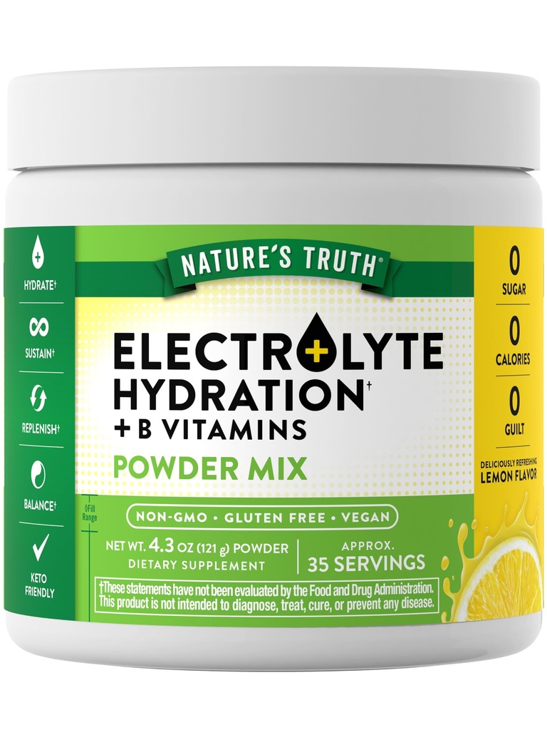 La verdad de la naturaleza Electrolytes Polvo Silencio No Azúcar Silencioso con B Vitaminas Silencio Refrescando Lemon Flavor Silencio Vegan, No Gluten Suplemento gratuito para la hidratación