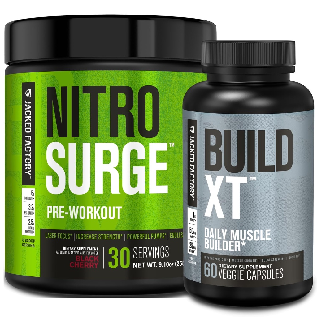 Jacked Factory Nitrosurge Pre-Workout en Black Cherry &amp; Build XT Muscle Building Bundle for Men &amp; Women