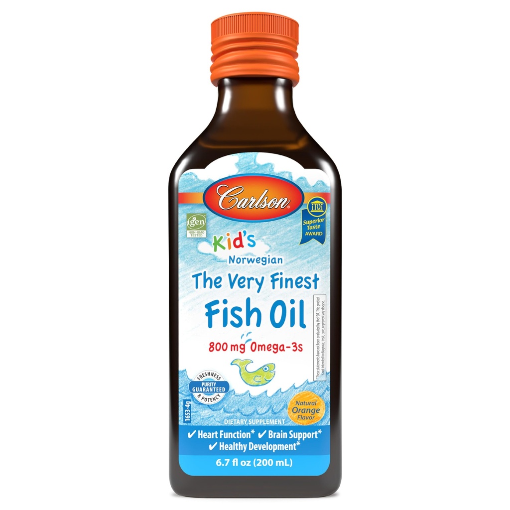 Carlson - Kid's The Very Finest Fish Oil, 800 mg Omega-3s, Norwegian, Fuente sostenible, Orange, 200 mL