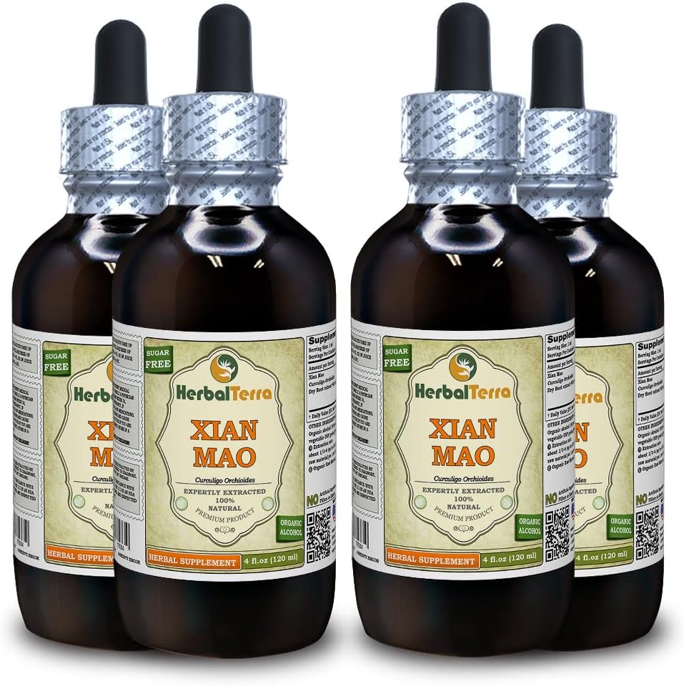Xian Mao, Curculigo (Curculigo Orchioides) Tincture, Orgánica Root Powder Liquid Extract (Marca: HerbalTerra, Proudly Made in USA) 4x4 fl.oz (4x120 ml)