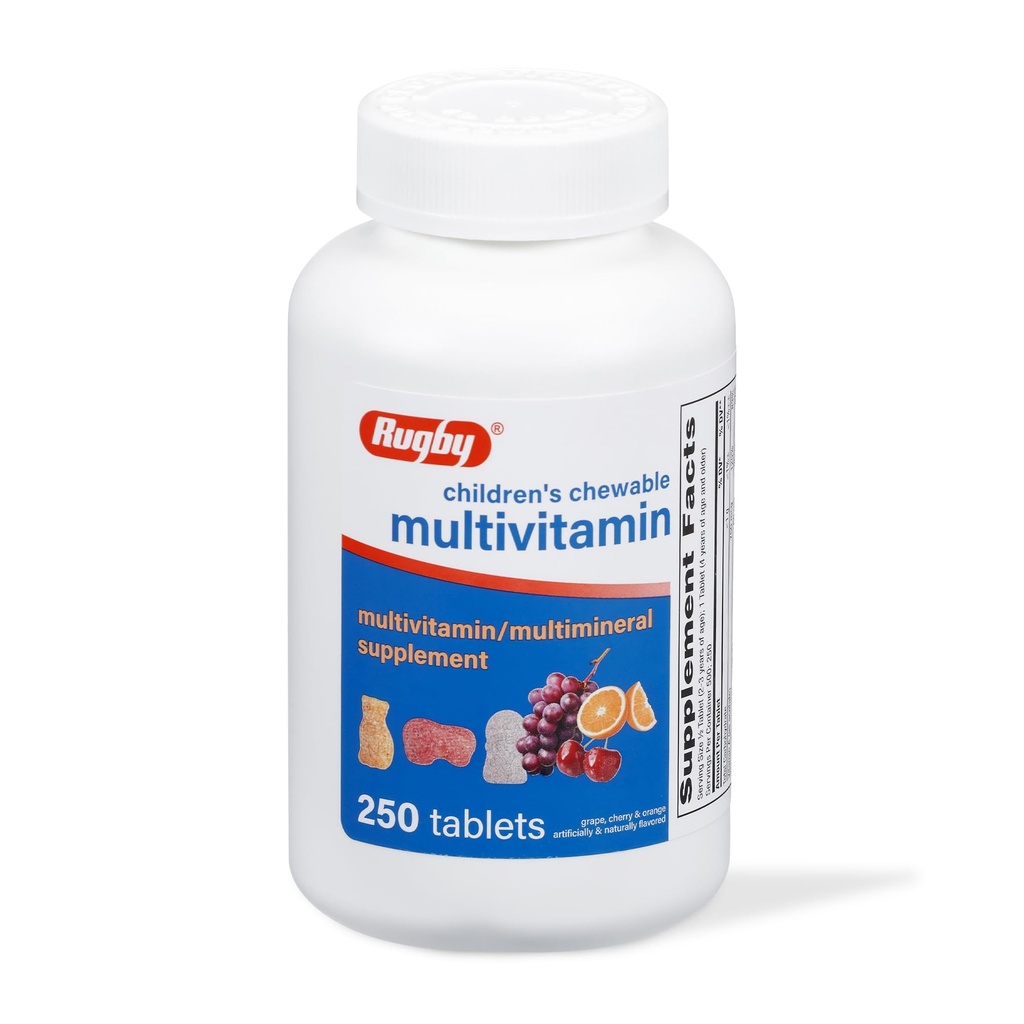 Mesas multivitamínicas para niños de Rugby - Suplemento dietético - Sabores de frutas surtidos - Formas animales - 250 cuenta (1 paquete)