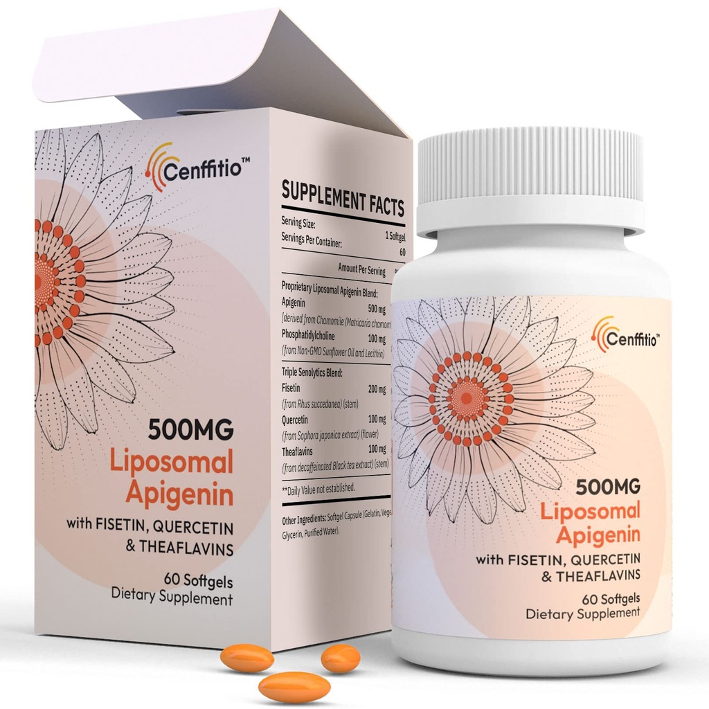 Liposomal apigenina 500mg Softgels - Optimal Apigenin Suplemento con Fisetin, Quercetin y Theaflavins (60 Cuenta (Pack of 1))
