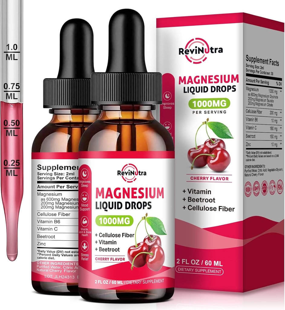 2 Pack Magnesio Glycinate Liquid Drops, 1000 mg de Magnesium Glycinate, Taurate & Citrate Liquid Drops for Bone, Sleep, Calm, Muscle, Energy & Relax, High Absorption, Sugar-Free Cherry Flavor
