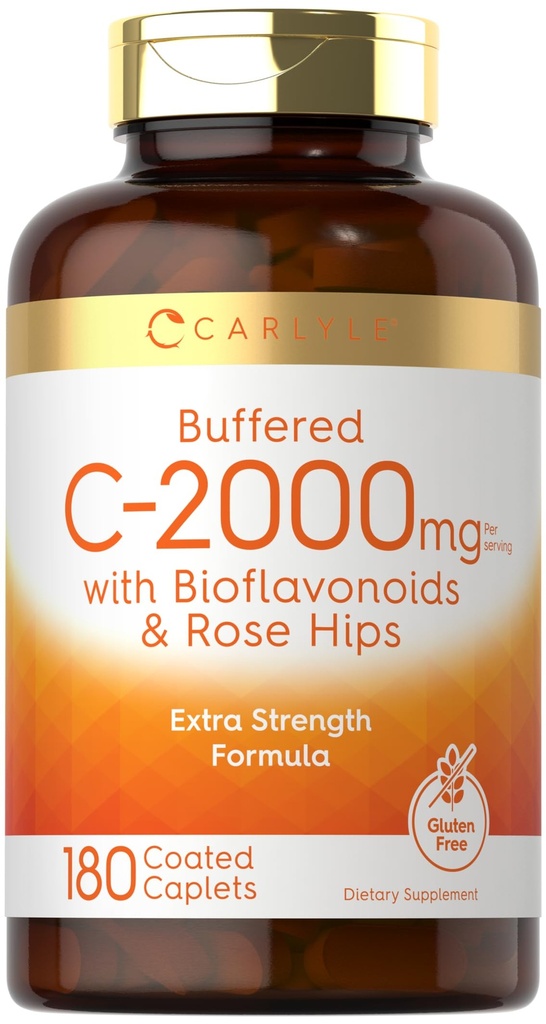 Carlyle Buffered Vitamin C TENIDO 2000mg TENRI 180 Caplets TENIDO CON Bioflavonoides y Rosa HIPS TEN VÍgetariano, No GMO y Gluten Suplemento Libre