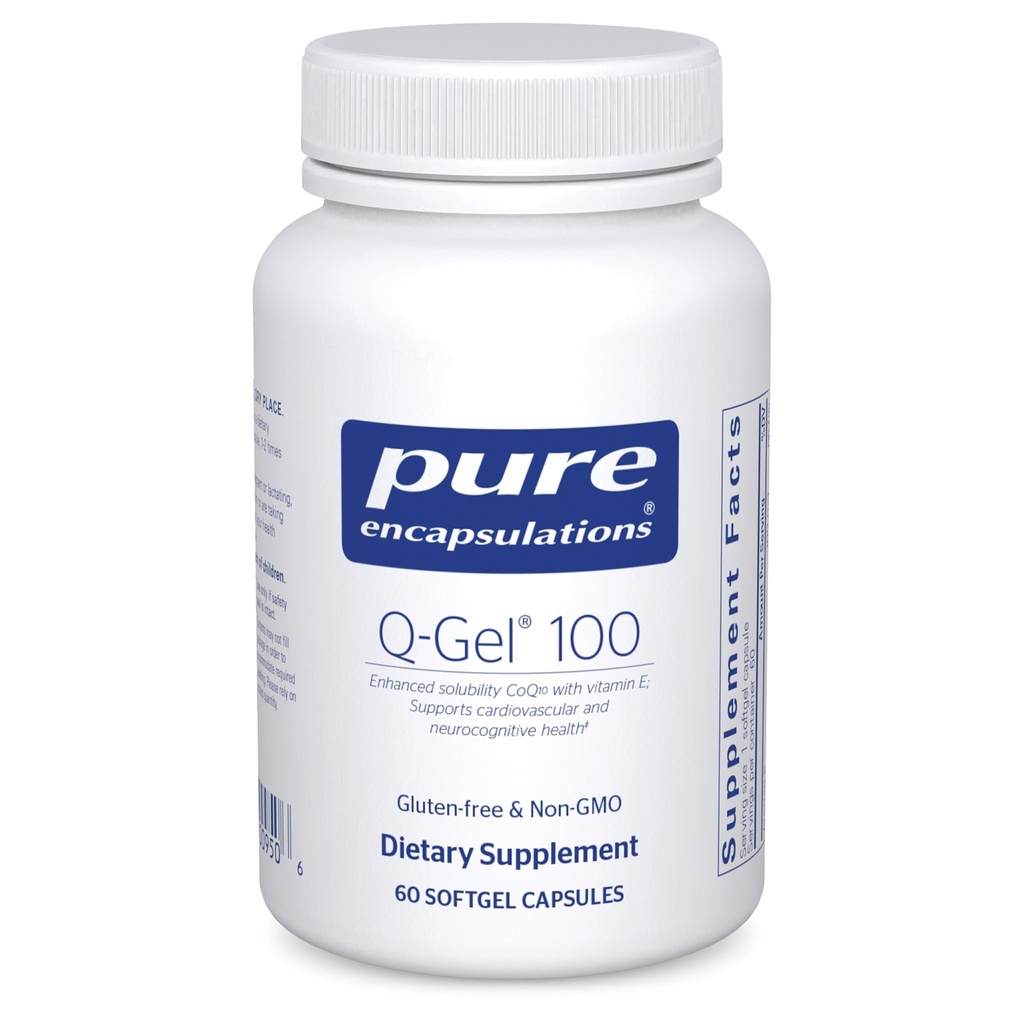 Pure Encapsulations Q-Gel 100 (Hydrosoluble CoQ10) ← CoQ10 con vitamina E para mejorar la solubilidad ← 60 cápsulas Softgel