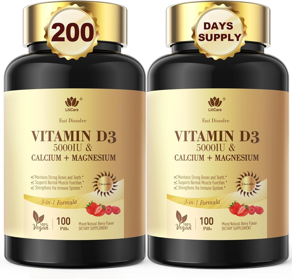 Vitamina D3 5000IU con Calcio &amp; Magnesio - para Absorción rápida de nutrientes-Sugar suplemento de corteza libre para la fuerza de los huesos, dientes, músculo, salud inmune,200 tabletas de fusión rápida