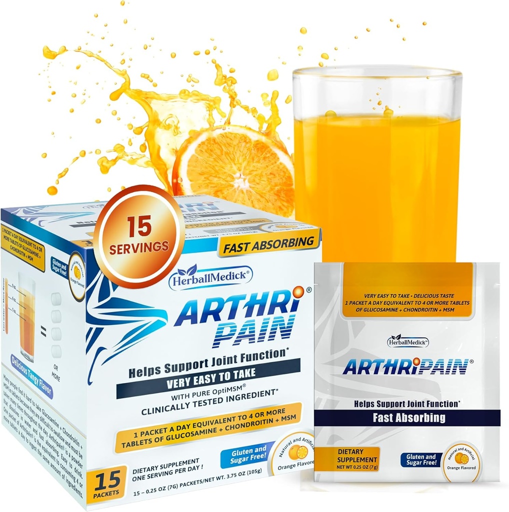 Arthripain – Suplemento de reparación de cartílagos de apoyo conjunto – Jugo mixto de prueba clínica - Asistencia para el alivio de ligamento – Glucosamine Chondroitin MSM – Tratamiento de rodilla hinchada – libre de azúcar – Hecho en Estados Unidos - 15ct