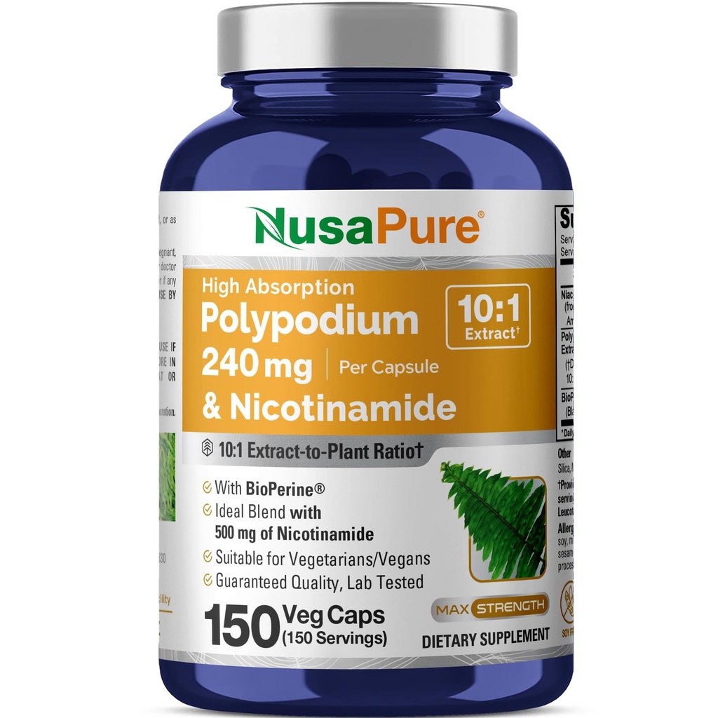 NusaPure Polypodium Nicotinamide 10:1 Extracto, 240 mg Equivalente a 2.400 mg por Veg Caps - 150 Conde (No-GMO, Sin soja, Bioperina)