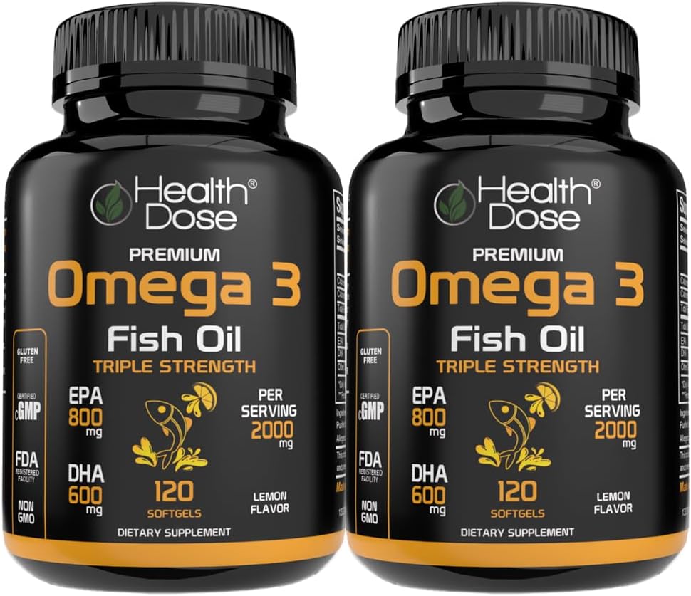 Dosis de salud Omega 3 Aceite de pescado – Softgeles con sabor a limón con EPA & DHA para el soporte de cerebro, corazón y bienestar – Fácil de digerir, Sin Burps de pescado – 120 Softgels, Pack de 2
