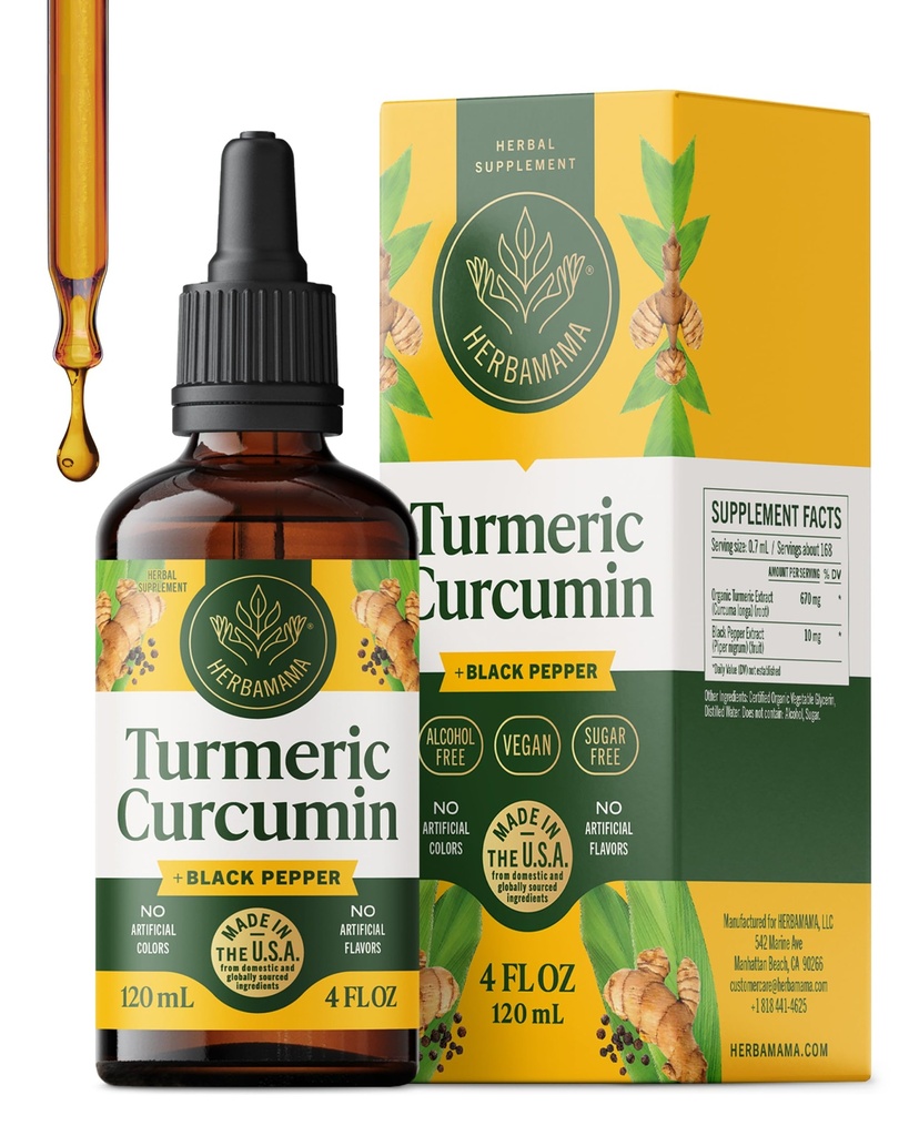 HERBAMAMA Turmeric Liquid Drops - Vegan Immune, Digestive &amp; Mobility Support with Turmeric Curcumin with Black Peppe Extract - Non-GMO, Alcohol &amp; Sugar-Free Antioxidant Supplement - 56-Day Supply