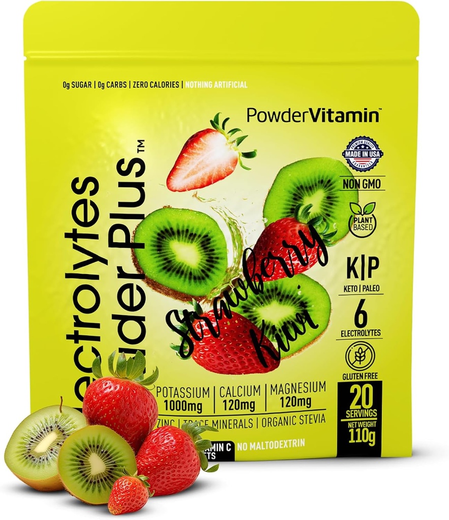 PowderVitamin Electrolytes Powder Plus (20 Servings) Strawberry Kiwi Electrolyte Powder Zero Calorie Keto,0 Azúcar,No Maltodextrin,1000mg Potasio, 120mg Calcio,120mg Magnesio, Rosa Himalayan Salt