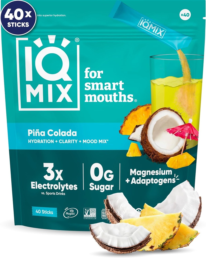 IQMIX Hidration Electrolyte Powder – 4-en-1 Fórmula para la hidratación, la claridad mental, el humor y la recuperación – Sugar-Free Drink Mix, Keto, Magnesium L-Threonate, Lion’s Mane – 40 Conde Piña Colada