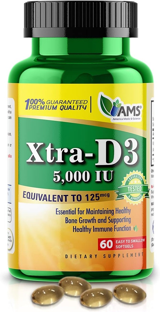America Medic & Science Xtra D3 Vitamina D 5,000 UI (125 mcg) Suplemento Cholecalciferol para Hombres & Mujeres (60 Easy to Swallow Softgels) Best for Bone, Heart Health, Immune System Support, Lung Function