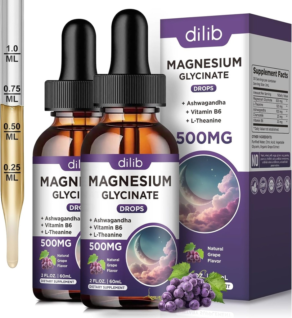(2 Pack) Magnesium Glycinate Liquid Drops 500mg, con Vitamina B6, Ashwagandha, L - Theanine, Chamomile, Magnesium Glycinate Supplement High Absorption for Sleep, Stress, Energy Mood - Grape Flavor