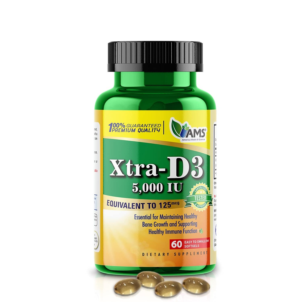 America Medic &amp; Science Xtra D3 Vitamina D 5,000 UI (125 mcg) Suplemento Cholecalciferol para Hombres &amp; Mujeres (60 Easy to Swallow Softgels) Mejor para Hueso, Salud del Corazón, Apoyo al Sistema Inmunitario, Función pulmonar