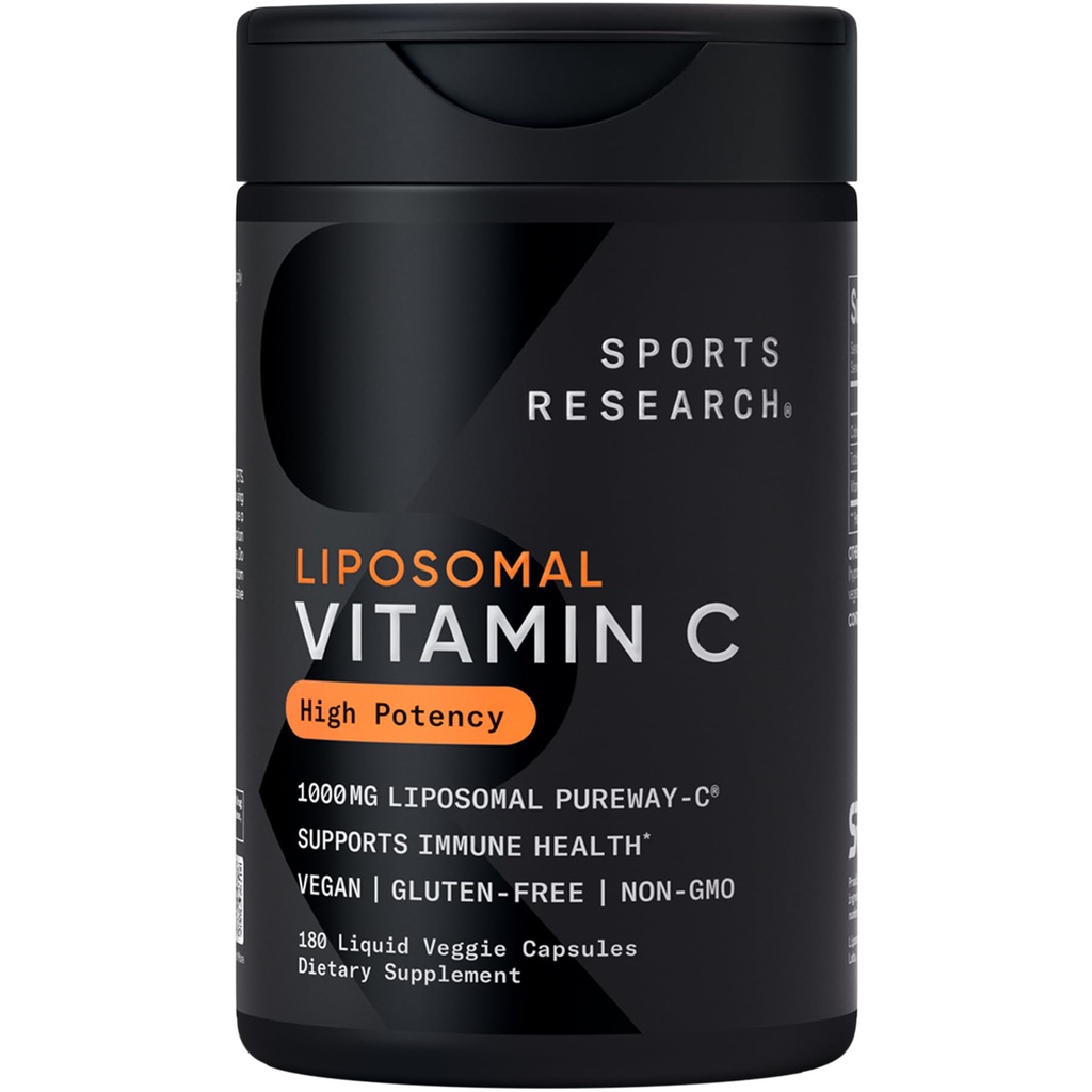 Sports Research® High Potency Liposomal Vitamina C Suplemento 1000 mg – Certified Vegan, Non-GMO, Gluten Free ← Antioxidant &amp; Immune Support ← Ascorbic Acid Vitamin C  180 Liquid Veggie Capsules